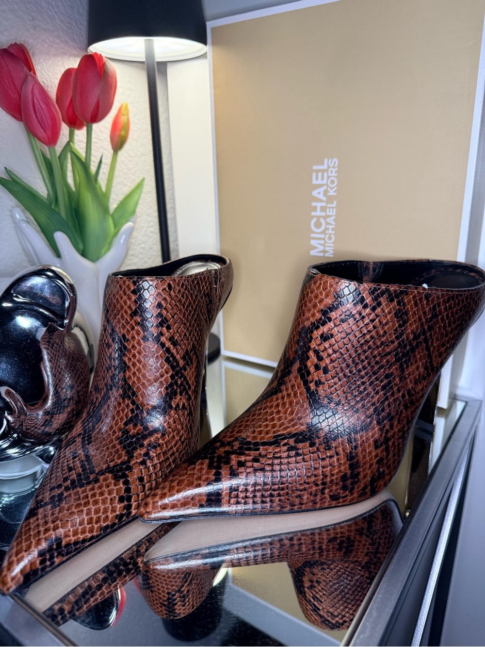 Michael Kors Brown Snake-Print Pointed Toe Ankle Booties
